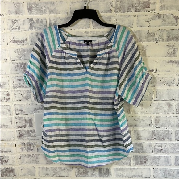 Talbots Women Linen Shirt S/S Top White Blue Stripes Coastal Stripe Petite Large - Picture 1 of 7